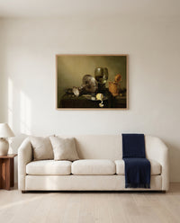 Gilded Beer Tankard by Willem Claesz. Heda framed in natural oak above a cream sofa in a warm living room
