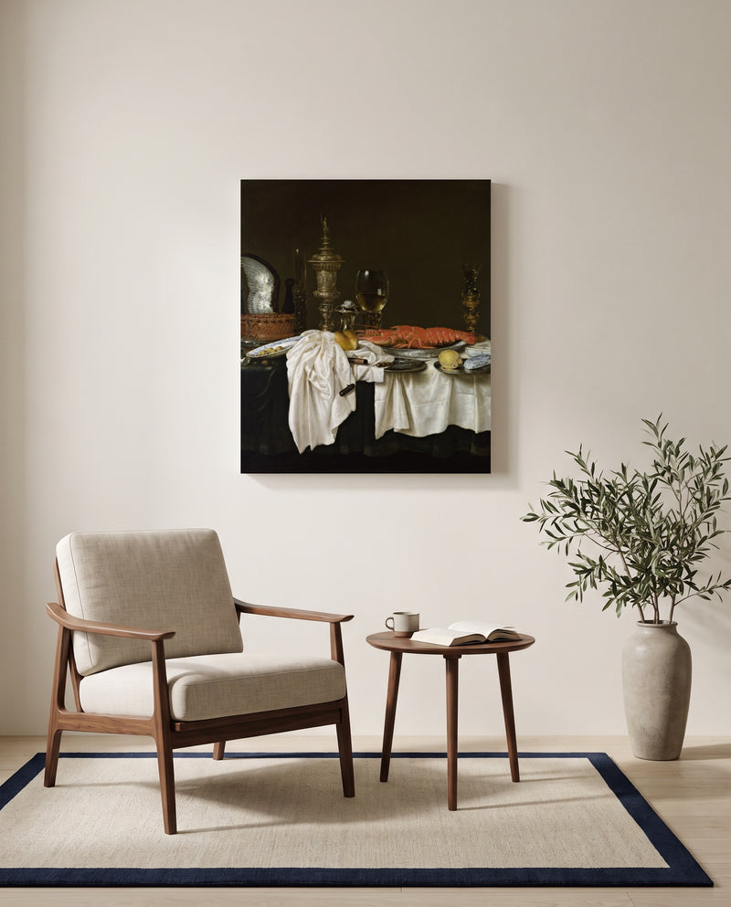 Still Life with a Lobster by Willem Claesz. Heda as a stretched canvas above a linen lounge chair in a reading corner