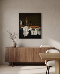 Still Life with a Lobster by Willem Claesz. Heda in a black frame above a walnut sideboard in a dining room