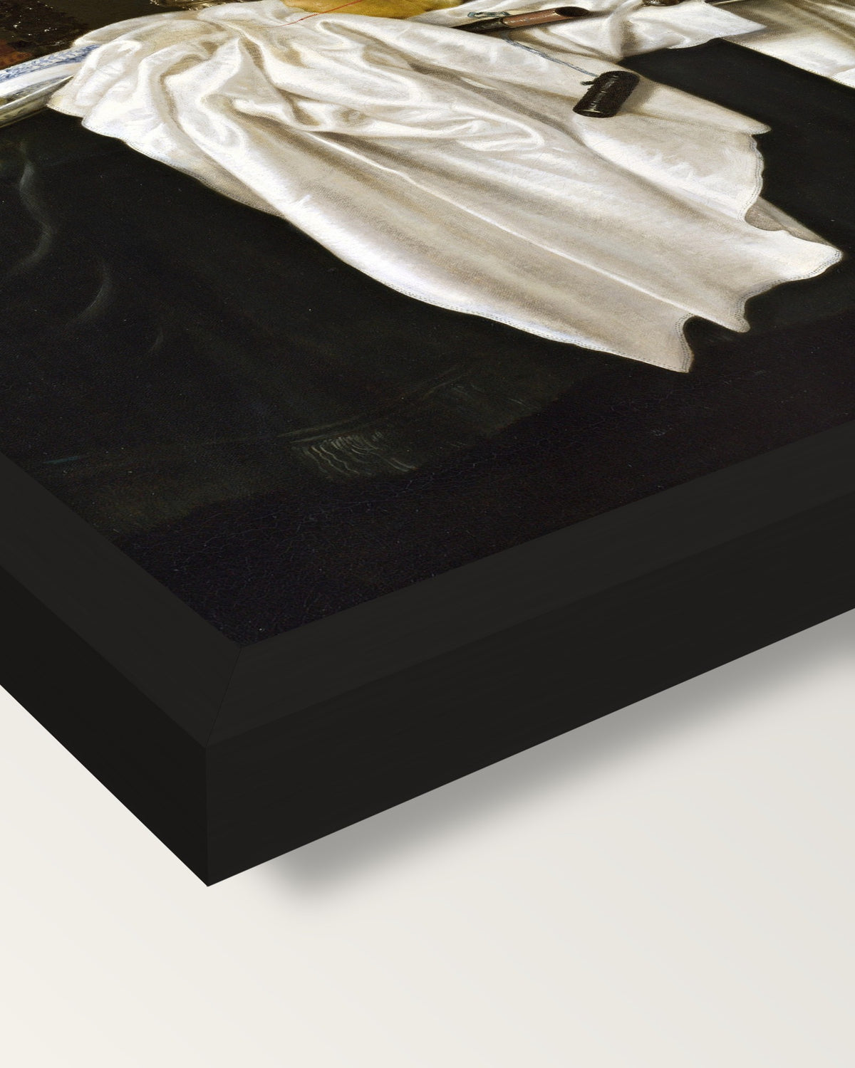 Still Life with a Lobster by Heda framed print, corner close-up: black moulding, mitred, the print set just below its edge
