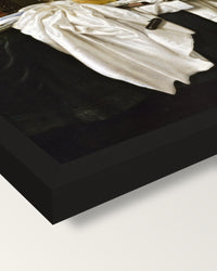 Still Life with a Lobster by Heda framed print, corner close-up: black moulding, mitred, the print set just below its edge
