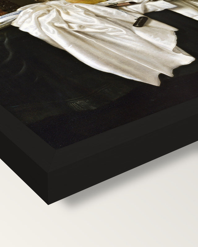 Still Life with a Lobster by Heda framed print, corner close-up: black moulding, mitred, the print set just below its edge