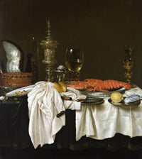 Still Life with a Lobster by Heda: a red lobster, a gold goblet, wine glasses and white satin cloths on a dark table