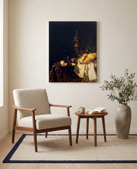 Dessert by Willem Kalf as a stretched canvas above a linen lounge chair in a reading corner