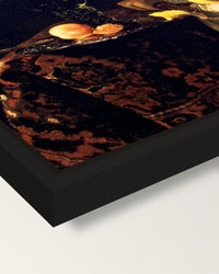 Dessert by Willem Kalf framed canvas, corner close-up: a black floating frame with a shadow gap round the canvas