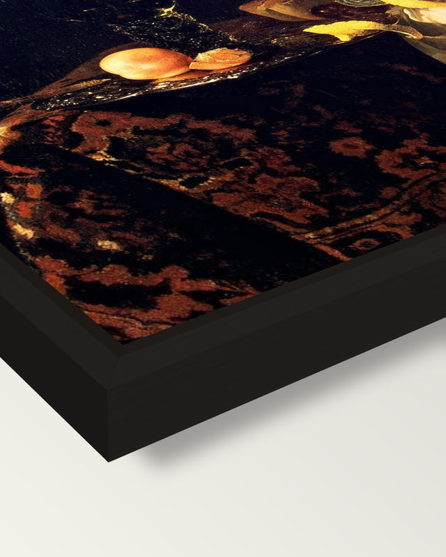Dessert by Willem Kalf framed canvas, corner close-up: a black floating frame with a shadow gap round the canvas