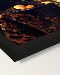 Dessert by Willem Kalf framed print, corner close-up: black moulding, mitred, the print set just below its edge