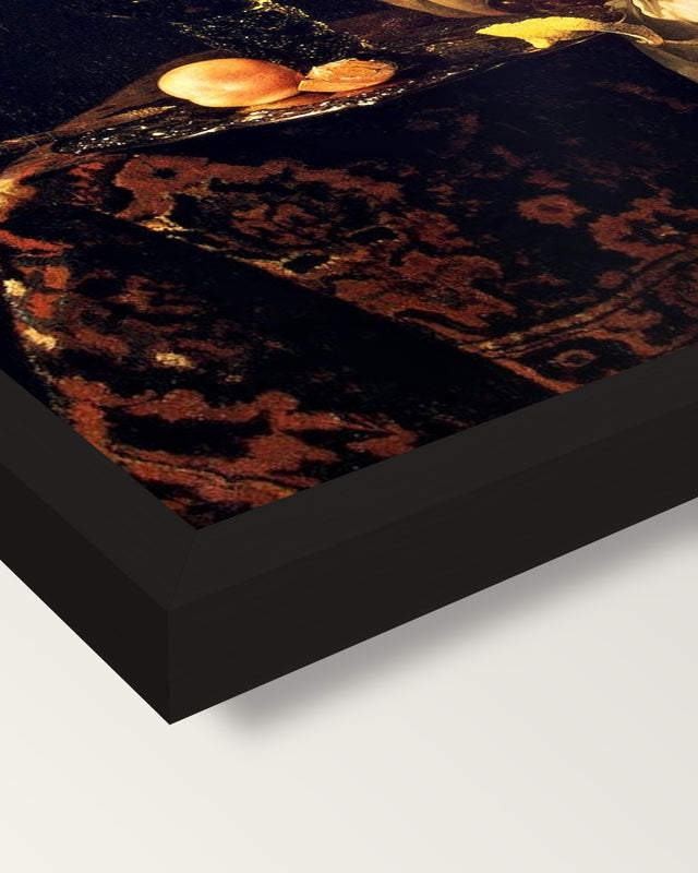 Dessert by Willem Kalf framed print, corner close-up: black moulding, mitred, the print set just below its edge