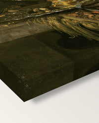 Holbein Bowl and Nautilus Cup by Kalf on stretched canvas, corner close-up: the painting mirror-wrapped round the sides