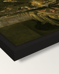 Holbein Bowl and Nautilus Cup framed canvas, corner close-up: a black floating frame with a shadow gap round the canvas