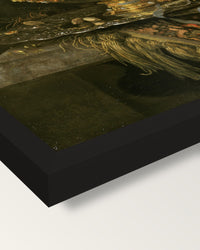 Holbein Bowl and Nautilus Cup framed print, corner close-up: black moulding, mitred, the print set just below its edge