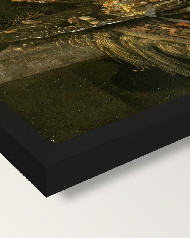 Holbein Bowl and Nautilus Cup framed print, corner close-up: black moulding, mitred, the print set just below its edge