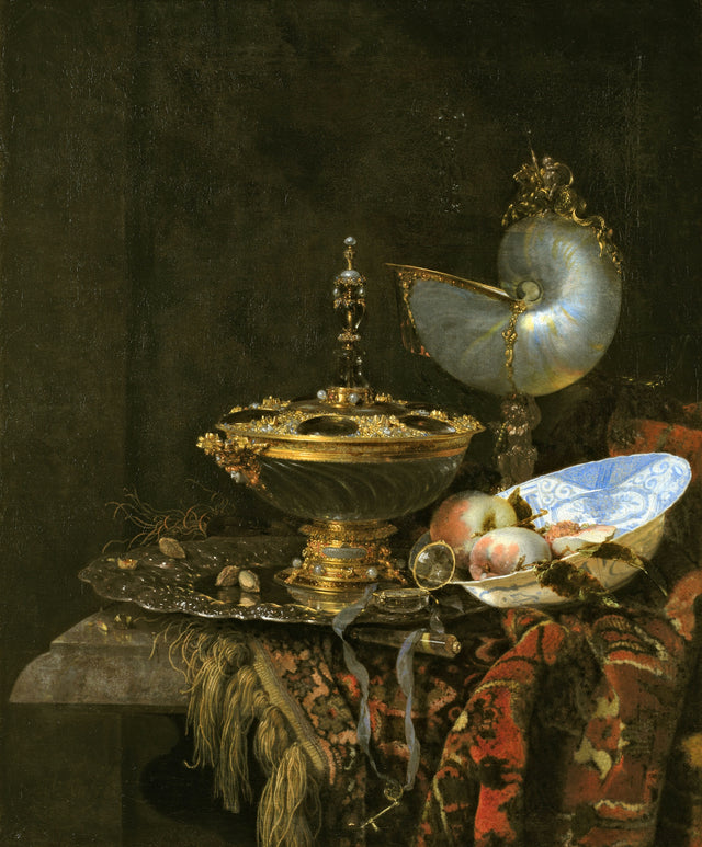 Pronk Still Life by Willem Kalf: a gold-mounted crystal bowl, a nautilus shell cup and a blue porcelain dish of fruit
