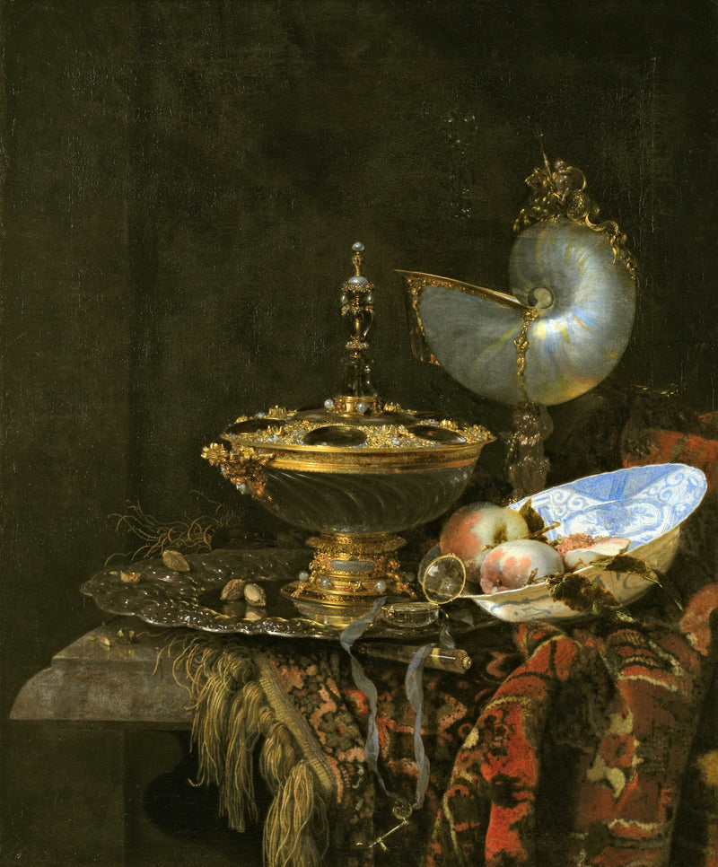 Pronk Still Life by Willem Kalf: a gold-mounted crystal bowl, a nautilus shell cup and a blue porcelain dish of fruit