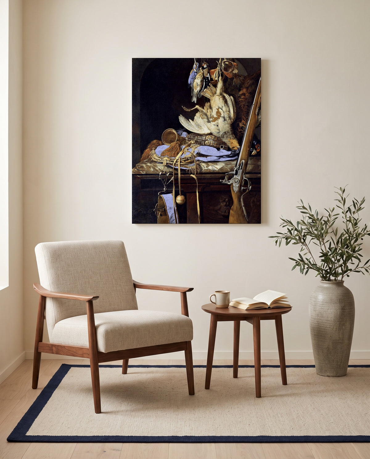 Dead Birds and Hunting Gear by Willem van Aelst as a stretched canvas above a linen lounge chair in a reading corner