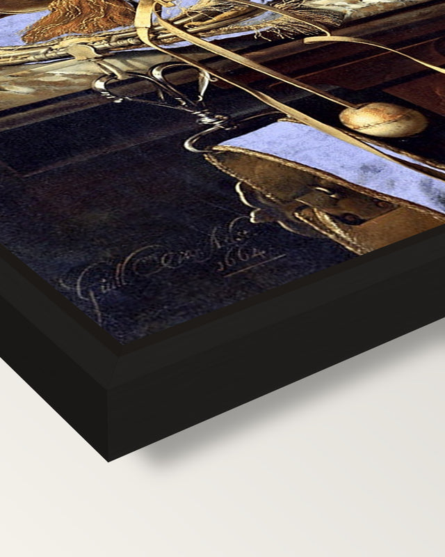 Dead Birds and Hunting Gear framed canvas, corner close-up: a black floating frame with a shadow gap round the canvas