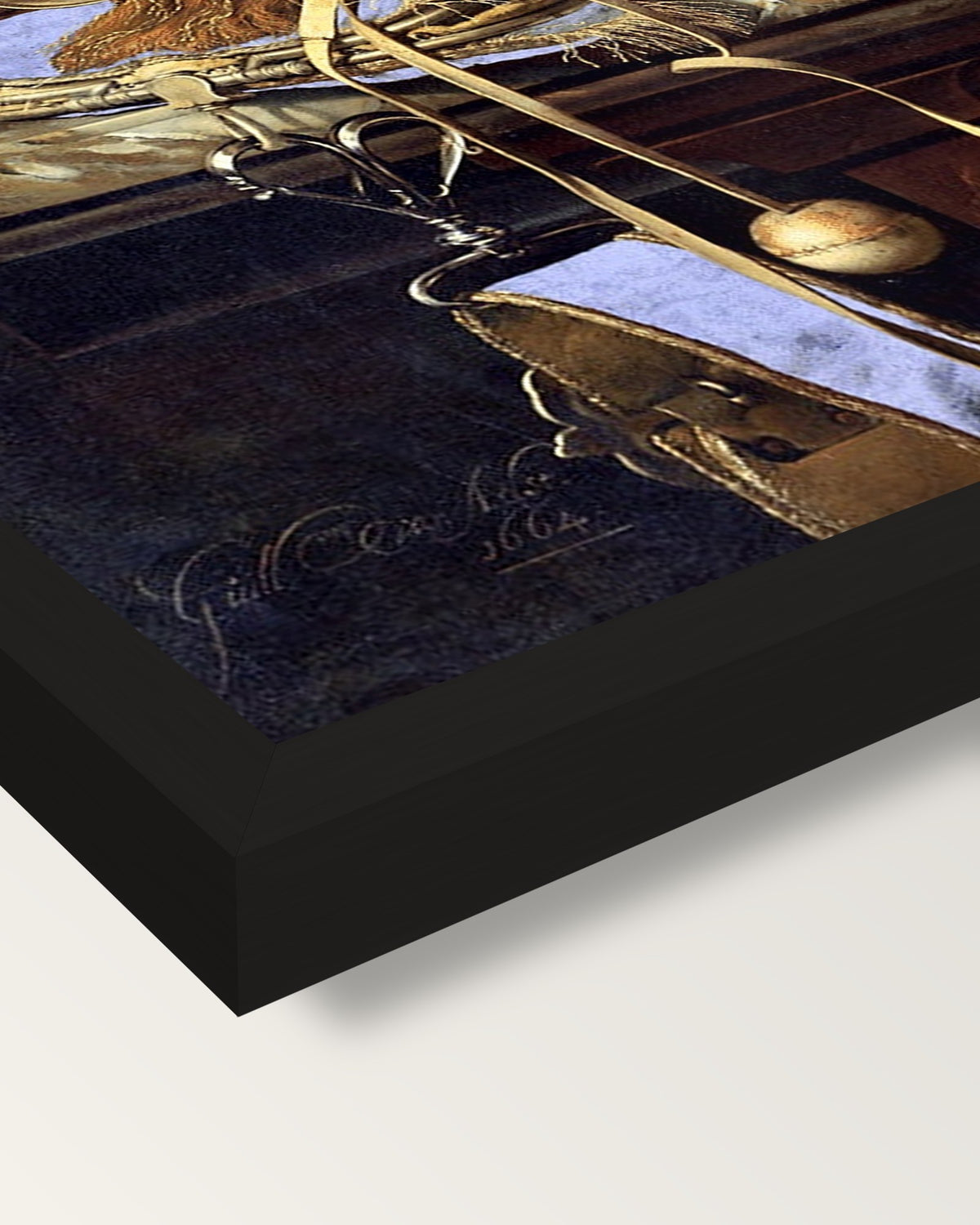 Dead Birds and Hunting Gear framed print, corner close-up: black moulding, mitred, the print set just below its edge