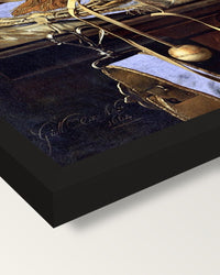 Dead Birds and Hunting Gear framed print, corner close-up: black moulding, mitred, the print set just below its edge