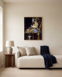 Dead Birds and Hunting Gear by Willem van Aelst framed in natural oak above a cream sofa in a warm living room