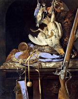 Dead Birds and Hunting Gear by Willem van Aelst: a partridge and songbirds hanging above a blue velvet bag and a gun