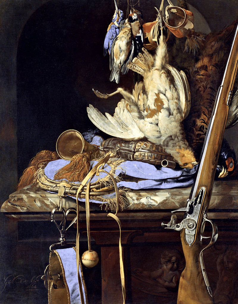 Dead Birds and Hunting Gear by Willem van Aelst: a partridge and songbirds hanging above a blue velvet bag and a gun