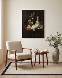 Still Life with Fowl by Willem van Aelst as a stretched canvas above a linen lounge chair in a reading corner
