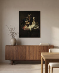 Still Life with Fowl by Willem van Aelst in a black frame above a walnut sideboard in a dining room
