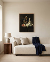 Still Life with Fowl by Willem van Aelst framed in natural oak above a cream sofa in a warm living room