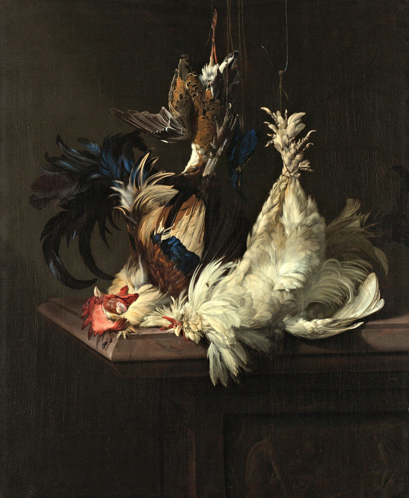 Still Life with Fowl by Willem van Aelst: two white roosters, a water rail and a kingfisher hanging above a marble slab
