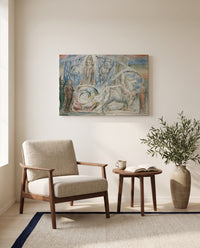 Beatrice Addressing Dante by William Blake as a stretched canvas above a linen lounge chair in a reading corner
