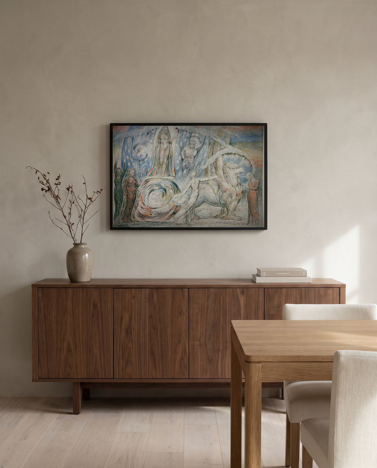 Beatrice Addressing Dante by William Blake in a black frame above a walnut sideboard in a dining room