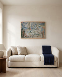 Beatrice Addressing Dante by William Blake framed in natural oak above a cream sofa in a warm living room