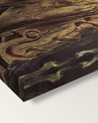 Elohim Creating Adam by William Blake on stretched canvas, corner close-up: the painting mirror-wrapped round the sides