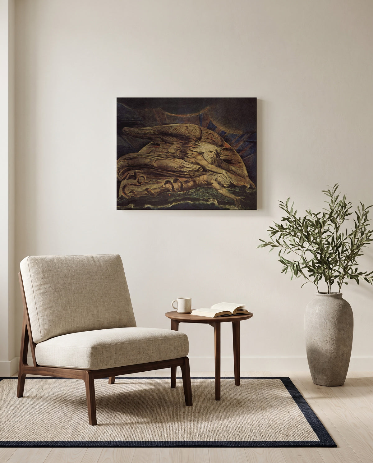 Elohim Creating Adam by William Blake as a stretched canvas above a linen lounge chair in a reading corner