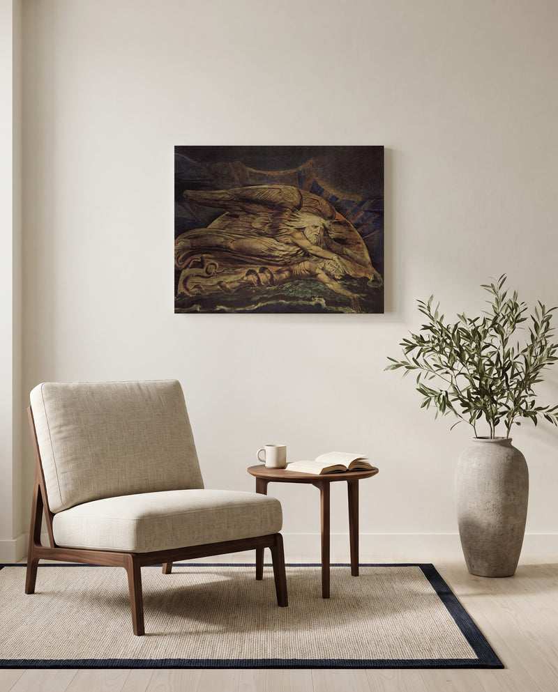 Elohim Creating Adam by William Blake as a stretched canvas above a linen lounge chair in a reading corner