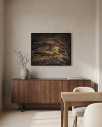 Elohim Creating Adam by William Blake in a black frame above a walnut sideboard in a dining room