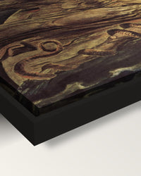 Elohim Creating Adam by William Blake framed canvas, corner close-up: black floating frame, painted edge in the shadow gap
