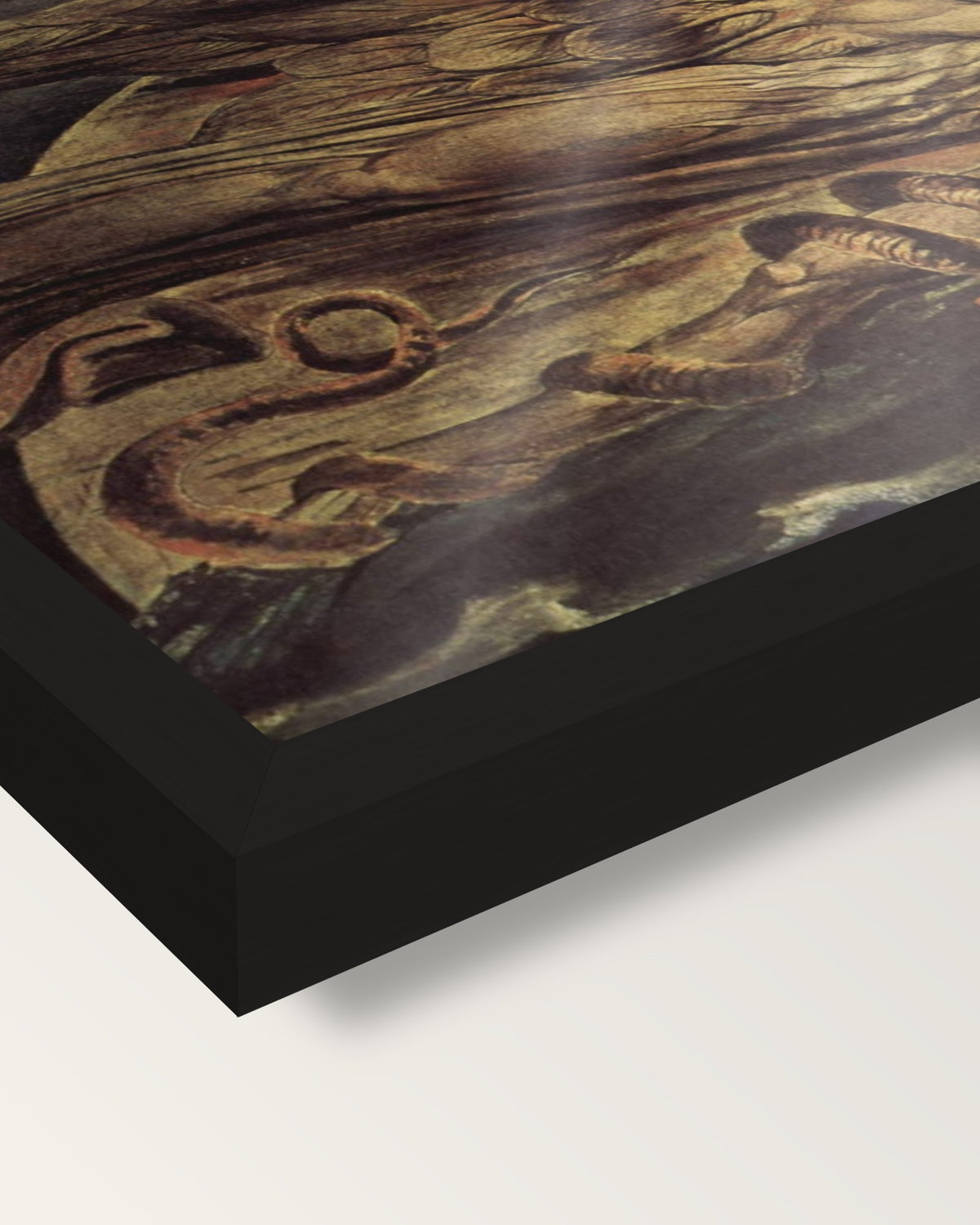 Elohim Creating Adam by William Blake framed print, corner close-up: black moulding, edge to edge under plexiglass, no mat