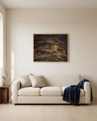 Elohim Creating Adam by William Blake framed in natural oak above a cream sofa in a warm living room