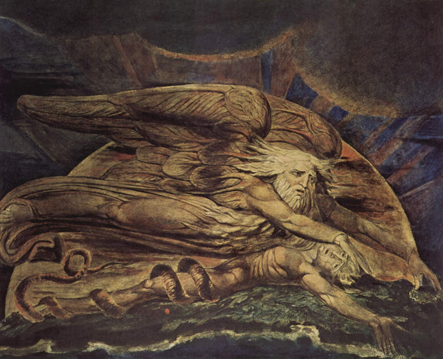 Elohim Creating Adam by William Blake: a bearded winged God spread over Adam, who lies on the earth, a worm round his leg