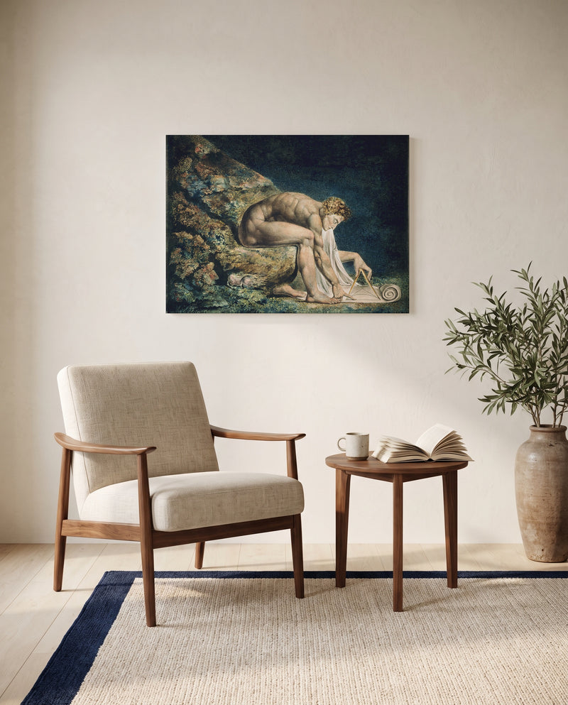 Newton by William Blake as a stretched canvas above a linen lounge chair in a reading corner