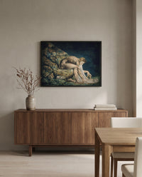 Newton by William Blake in a black frame above a walnut sideboard in a dining room