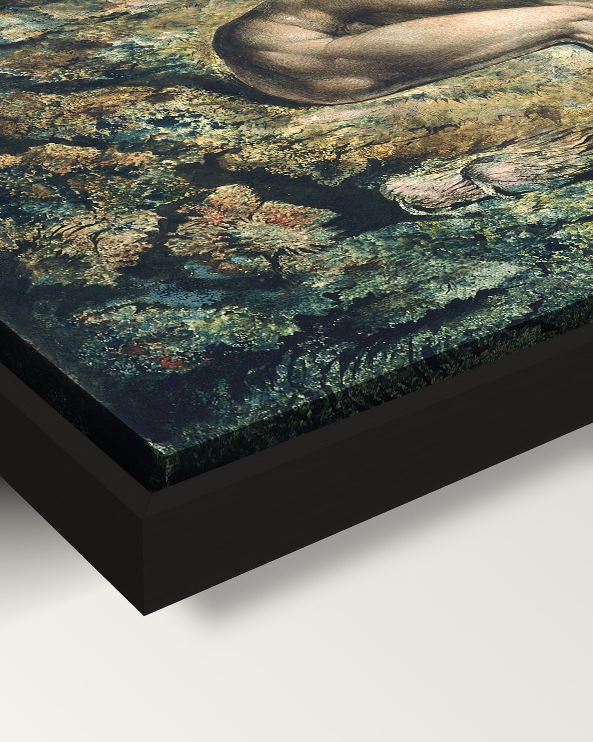 Newton by Blake framed canvas, corner close-up: the canvas in a slim black floating frame, its painted edge in the shadow gap