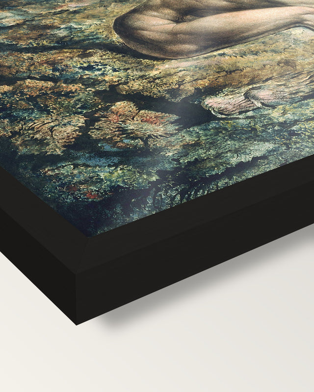 Newton by William Blake framed print, corner close-up: black moulding, the print edge to edge behind plexiglass, no mat
