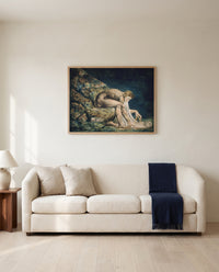 Newton by William Blake framed in natural oak above a cream sofa in a warm living room