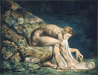 Newton by William Blake: a muscular nude man crouched on a coral-covered rock, drawing with a compass on a scroll