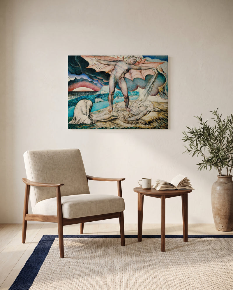 Satan Smiting Job by William Blake as a stretched canvas above a linen lounge chair in a reading corner