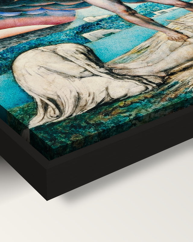 Satan Smiting Job by William Blake framed canvas, corner close-up: black floating frame, painted edge in the shadow gap