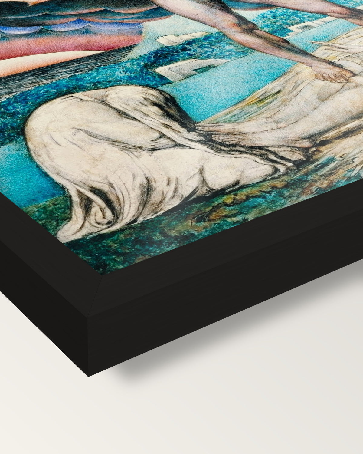 Satan Smiting Job by William Blake framed print, corner close-up: black moulding, edge to edge under plexiglass, no mat