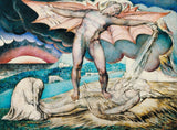 Satan Smiting Job with Sore Boils by William Blake: a winged nude Satan stands on Job, pouring boils from a vial